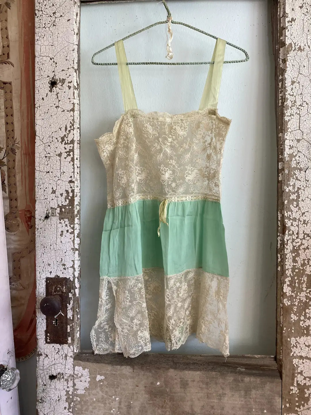 Antique 1920s Ribbonwork Green Silk Tambour Romper