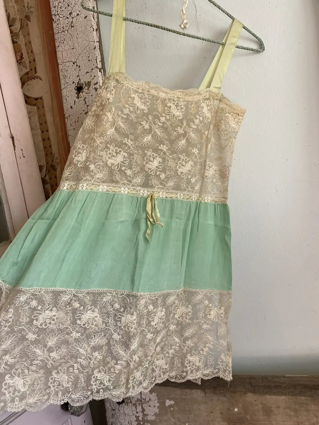 Antique 1920s Ribbonwork Green Silk Tambour Romper