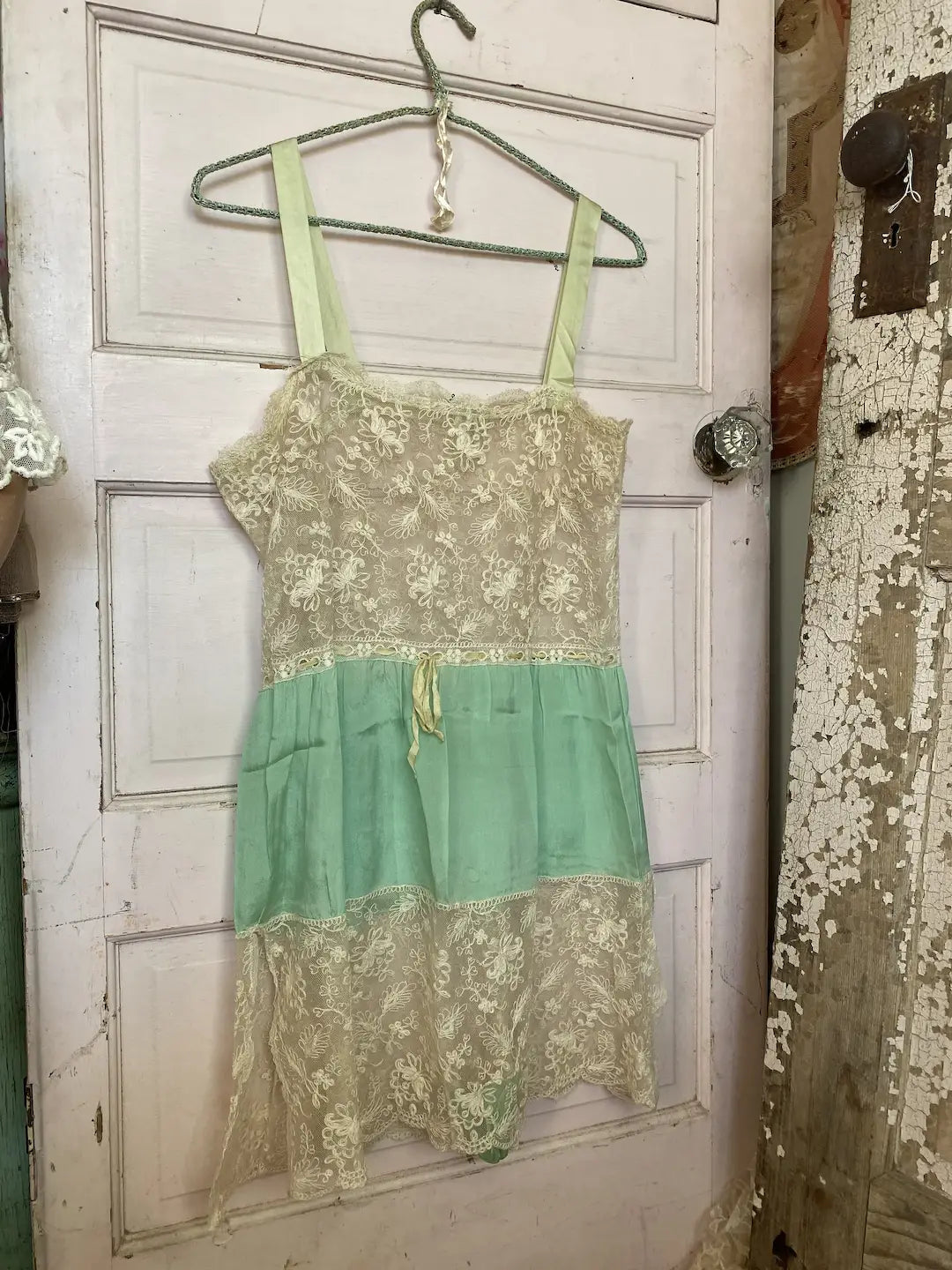 Antique 1920s Ribbonwork Green Silk Tambour Romper