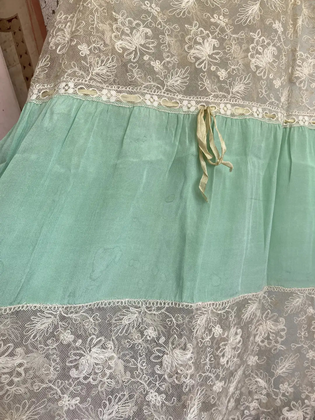 Antique 1920s Ribbonwork Green Silk Tambour Romper