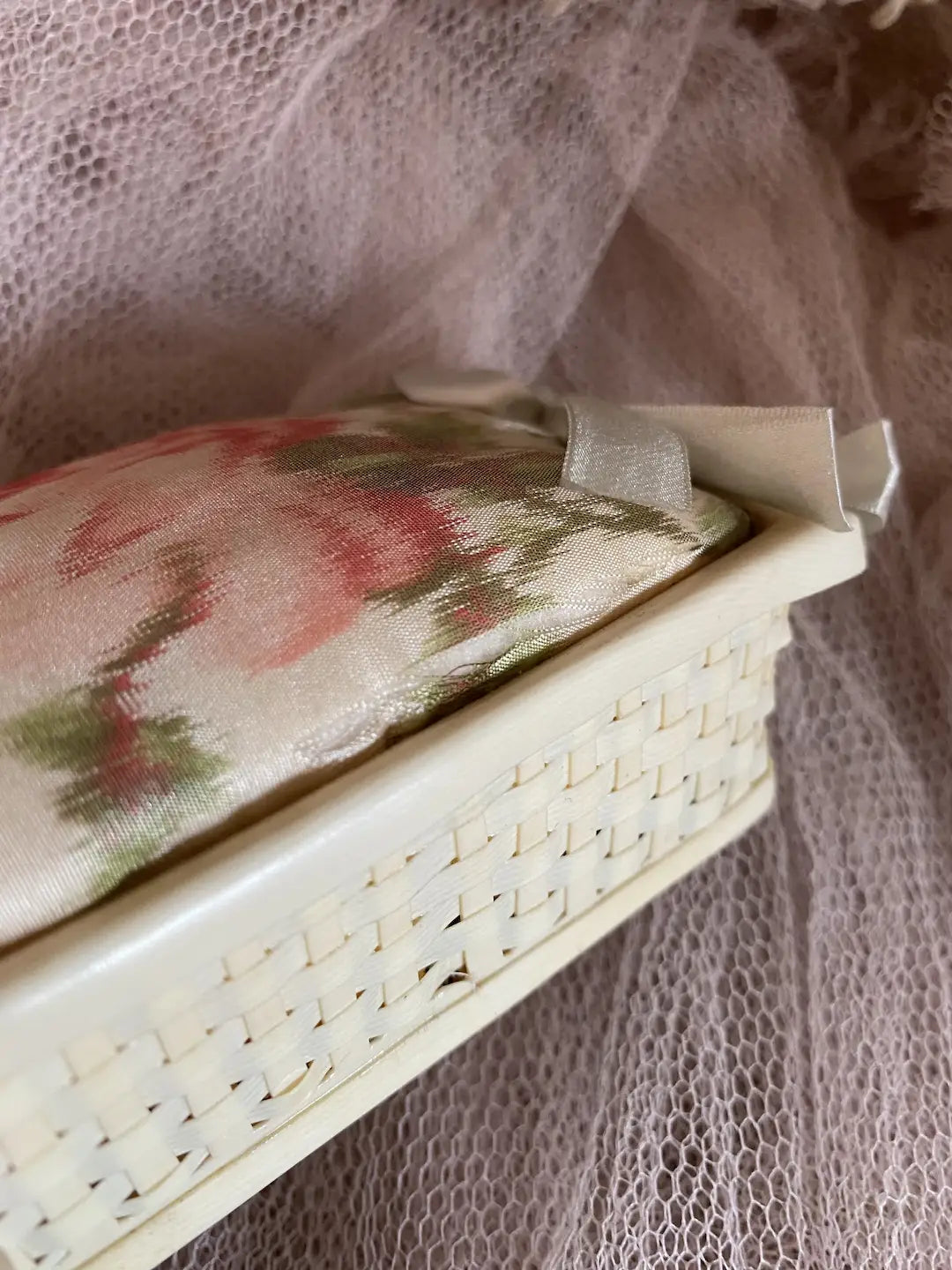 Antique Ribbonwork Silk Pink Pin Cushion Celluloid Basket