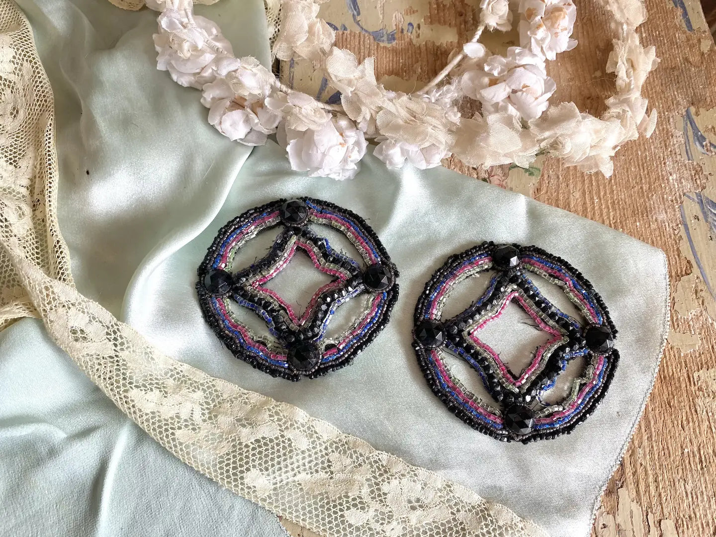 Antique Appliqué Pair Medallion Crystal Beaded Pink Lilac Jet Black