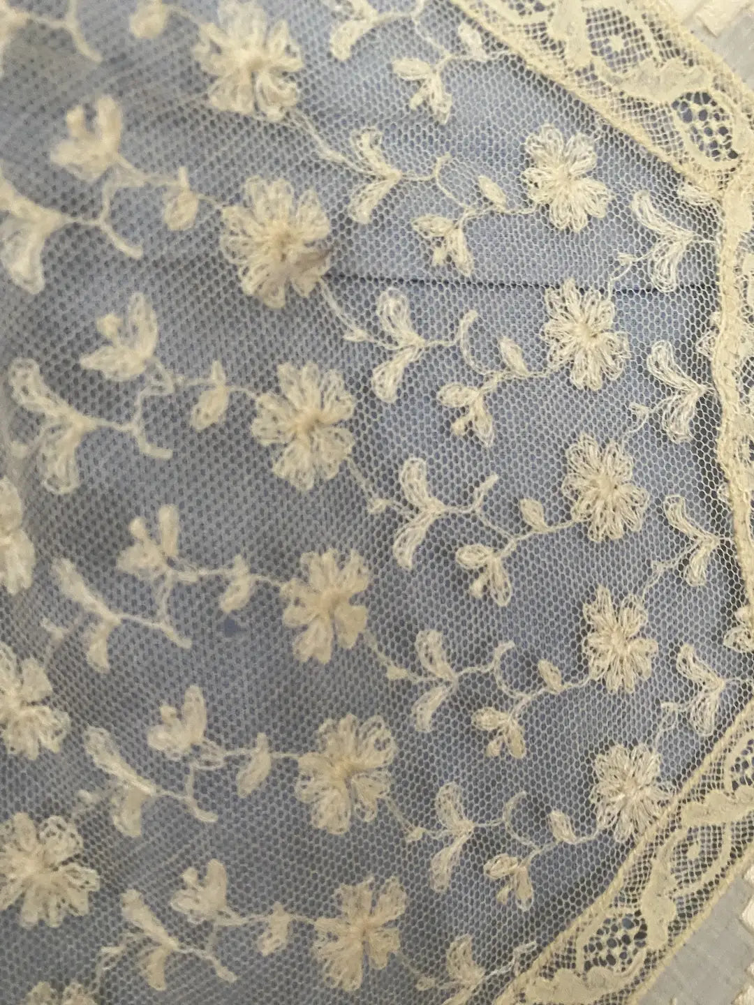 Antique Baby Crib Blanket Lace Blue Backing