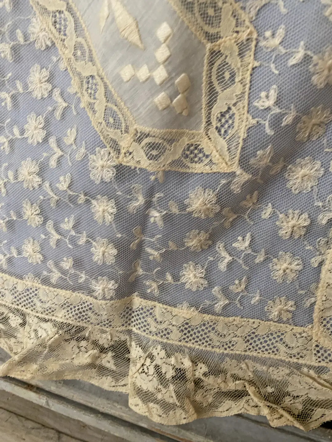 Antique Baby Crib Blanket Lace Blue Backing