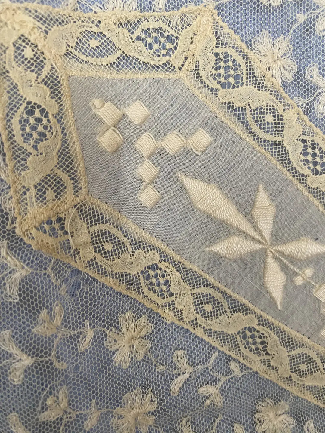 Antique Baby Crib Blanket Lace Blue Backing