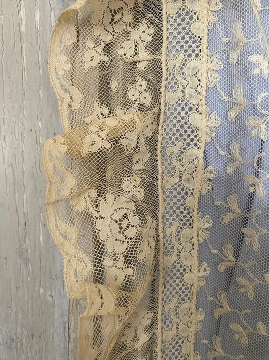 Antique Baby Crib Blanket Lace Blue Backing