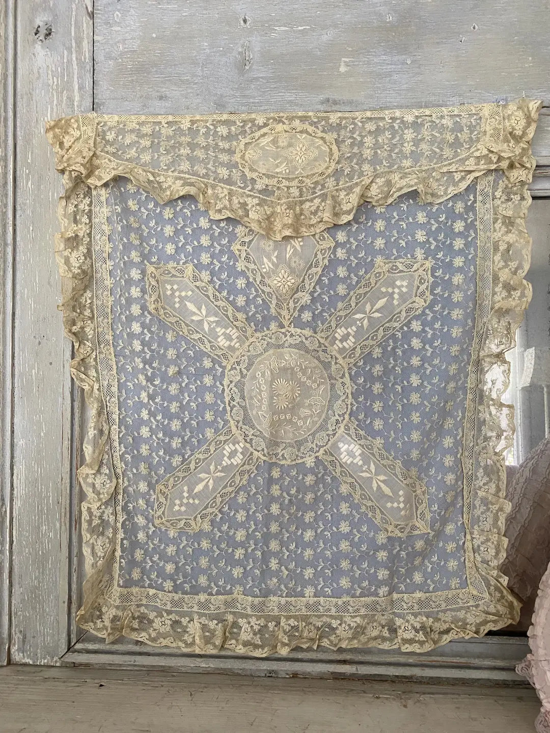 Antique Baby Crib Blanket Lace Blue Backing