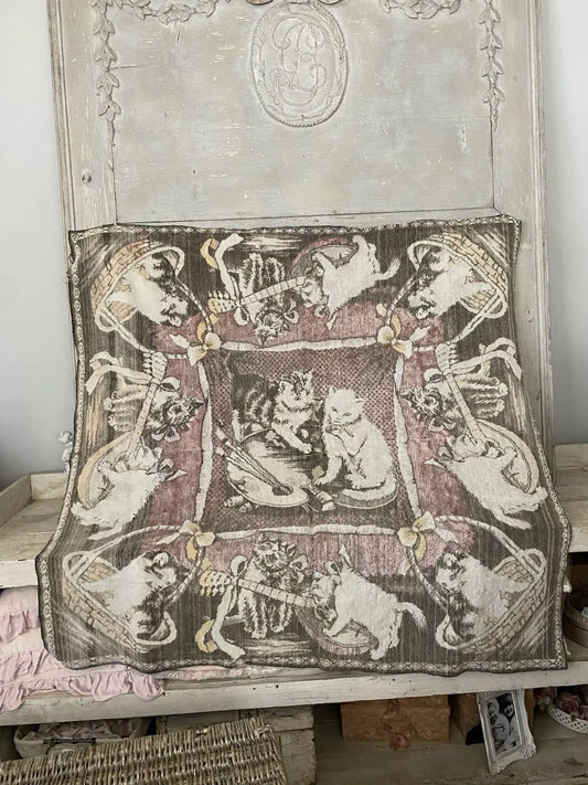 Antique Cat Tapestry Area Rug Kittens In Basket Bows