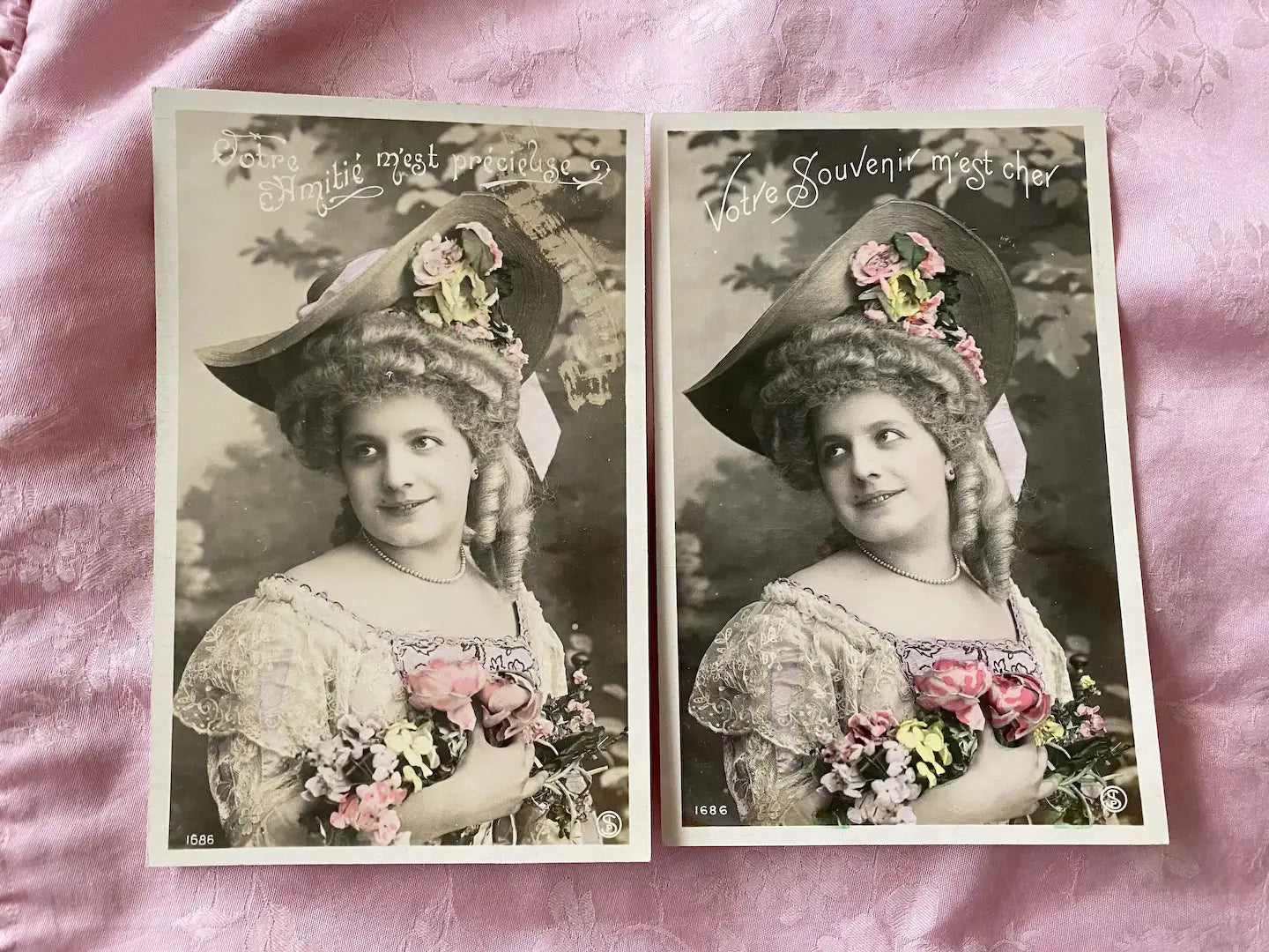 Antique Collection 2 French Postcards Hat Millinery Flowers