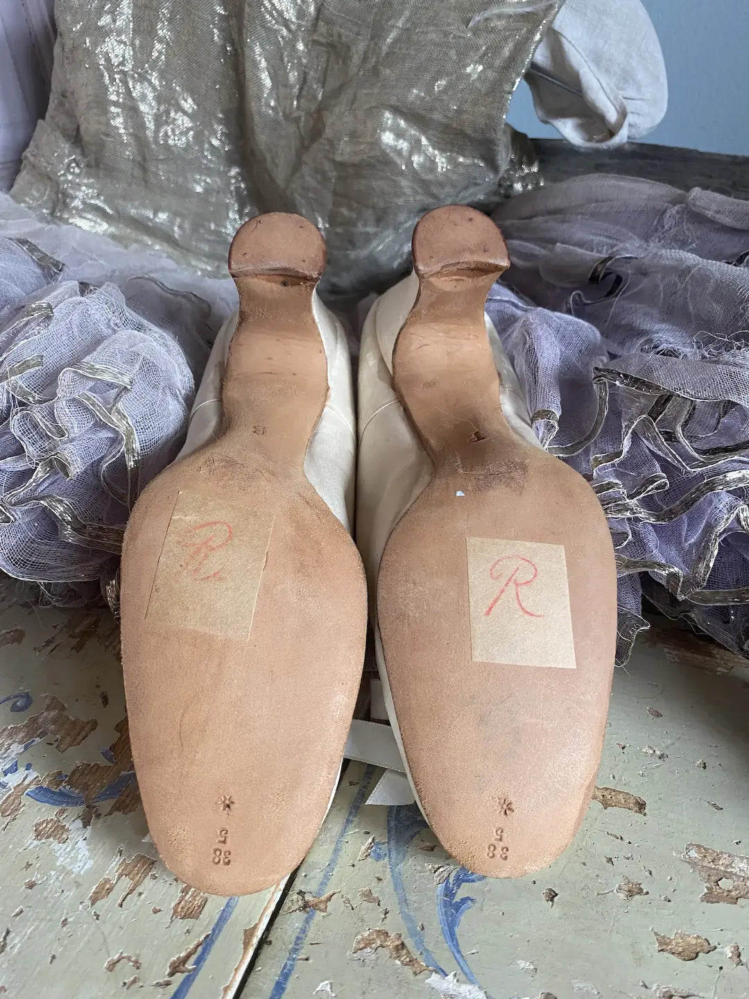 Antique Shoes Glass Bottoms & Silk Bows