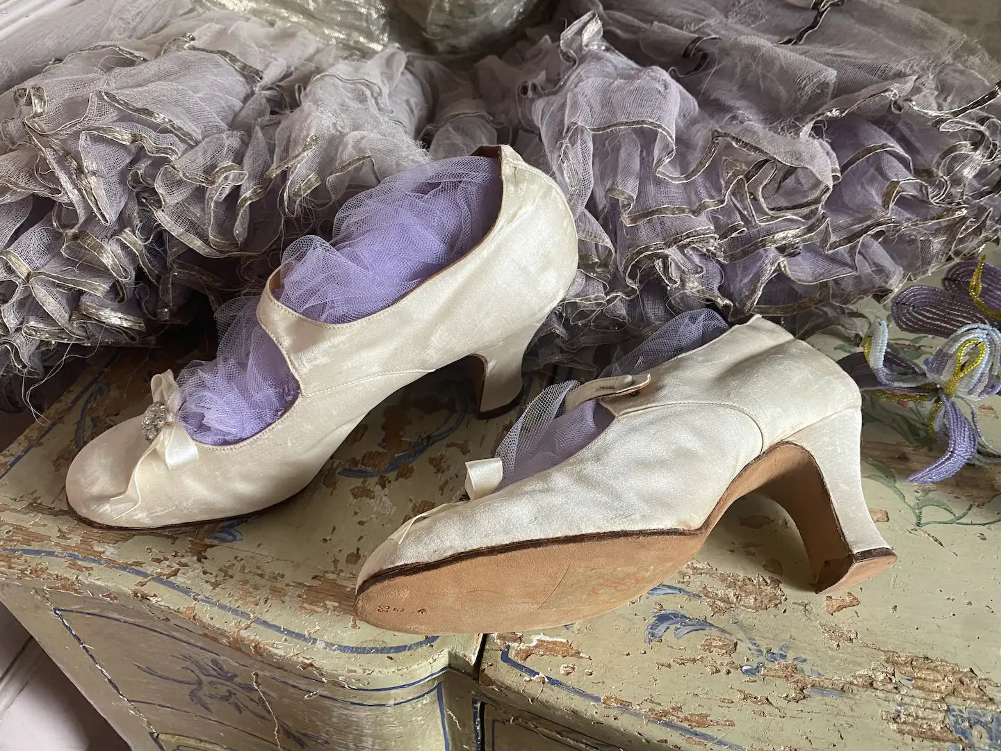 Antique Shoes Glass Bottoms & Silk Bows