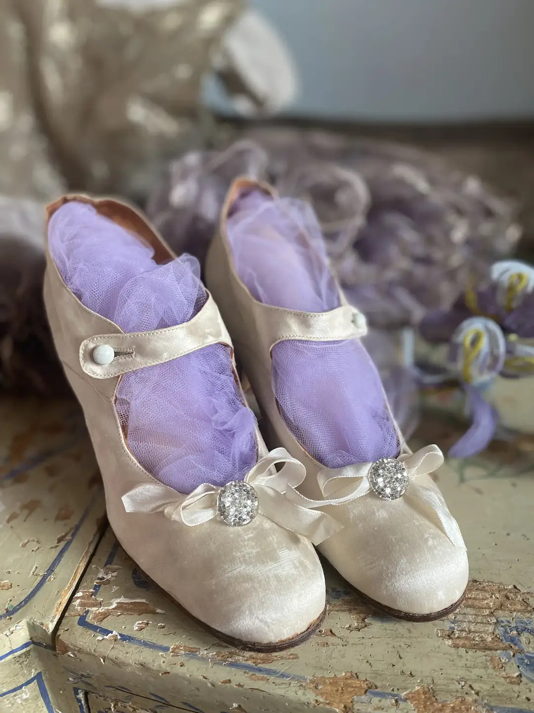 Antique Shoes Glass Bottoms & Silk Bows