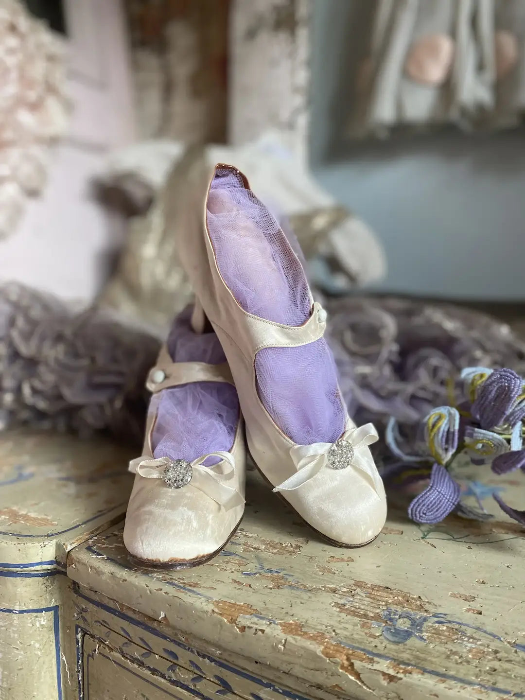 Antique Shoes Glass Bottoms & Silk Bows