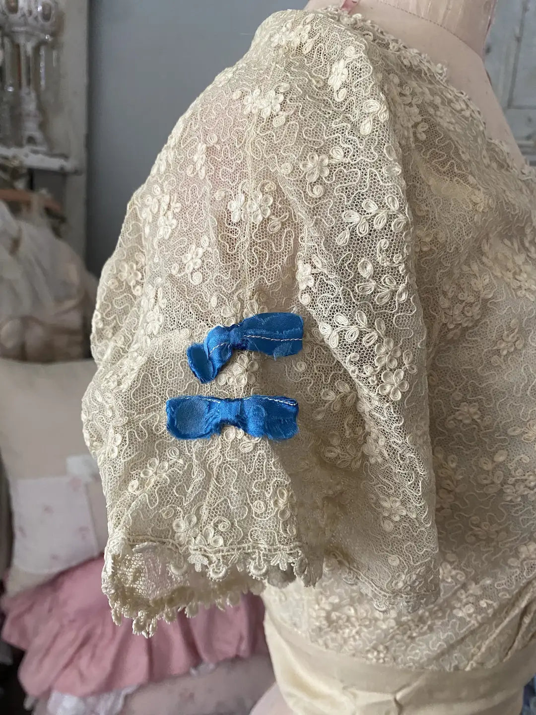 Antique Embroidered Lace Bodice Blue Silk Bows