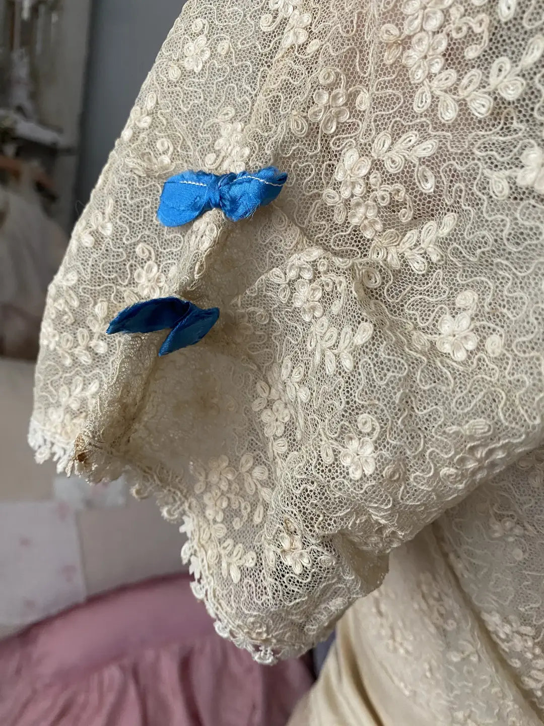 Antique Embroidered Lace Bodice Blue Silk Bows