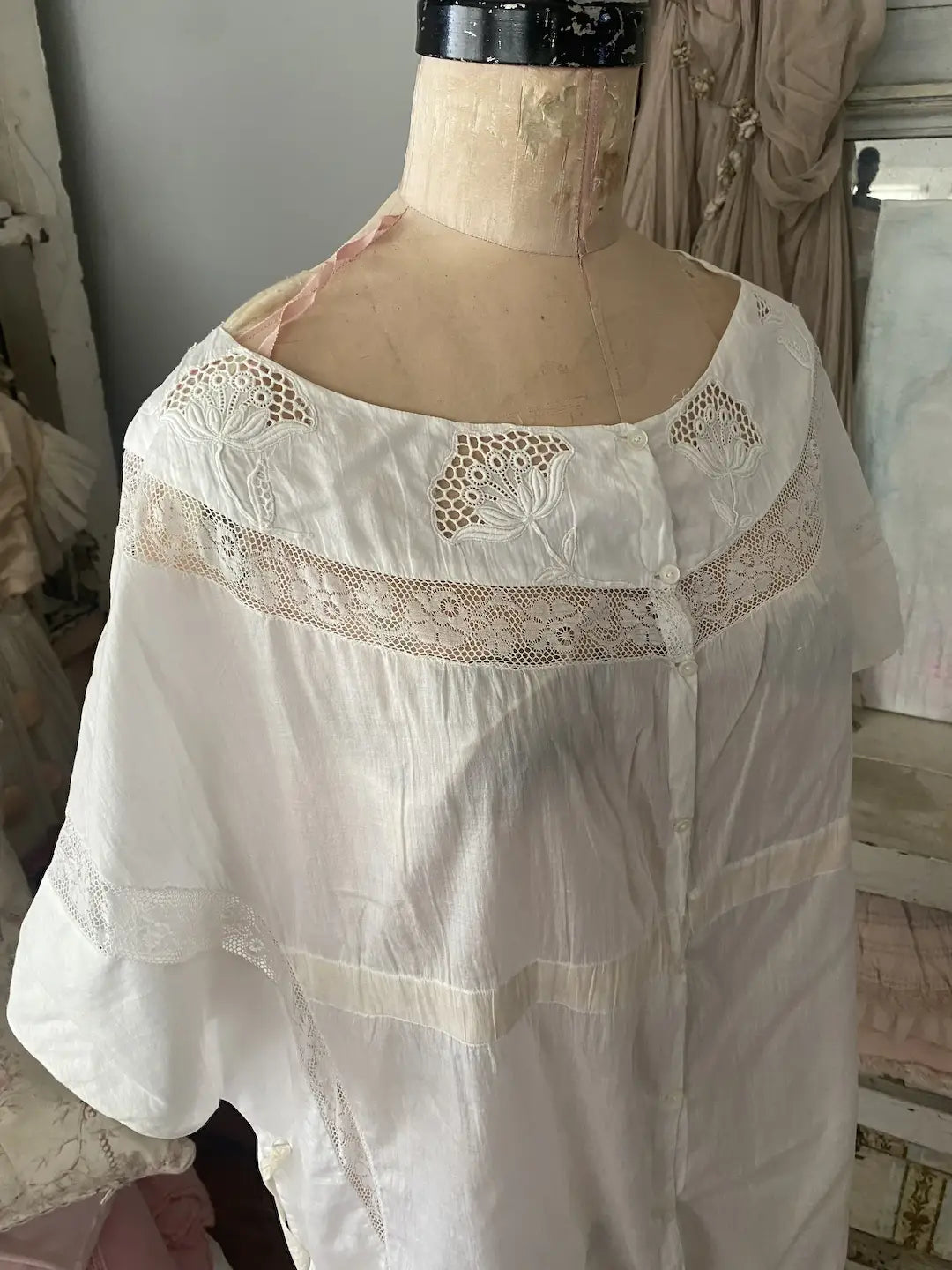 Antique Lingerie Shirt French Lace Corset Tie