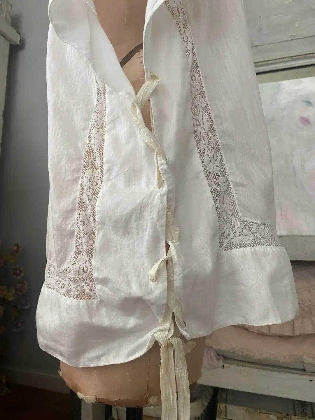 Antique Lingerie Shirt French Lace Corset Tie