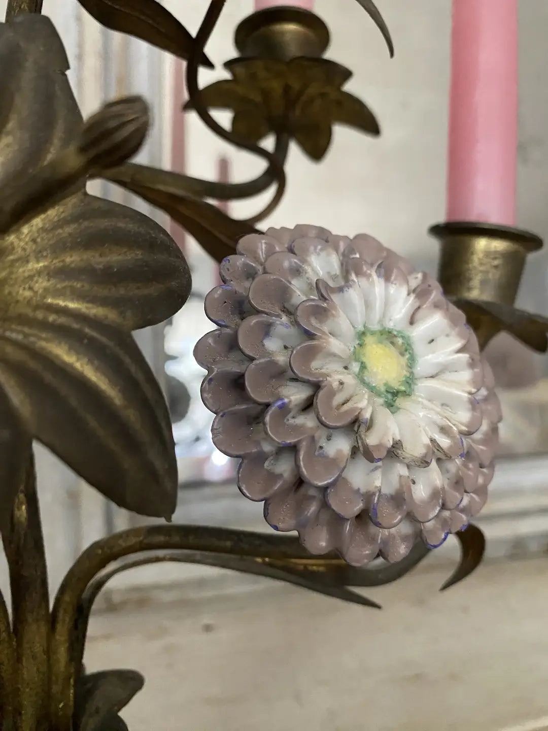 Antique French Altar Candelabra Porcelain Flowers