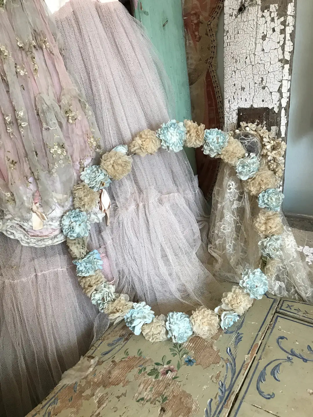 Antique French Millinery Flower Wreath Garland Blue Cream