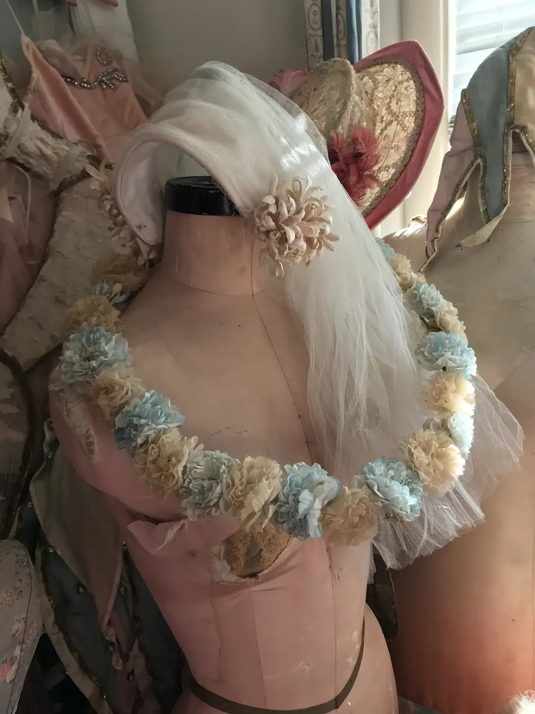 Antique French Millinery Flower Wreath Garland Blue Cream