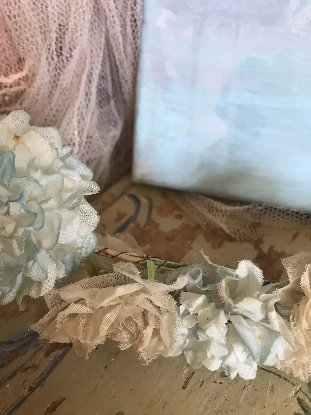 Antique French Millinery Flower Wreath Garland Blue Cream