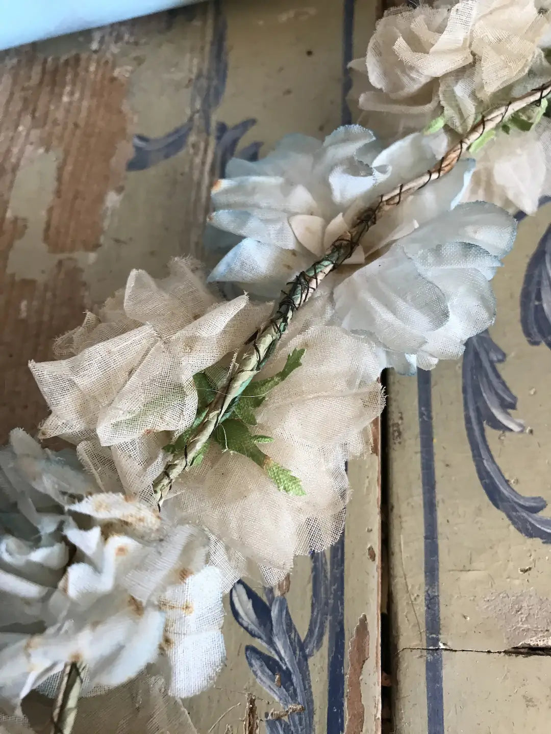 Antique French Millinery Flower Wreath Garland Blue Cream