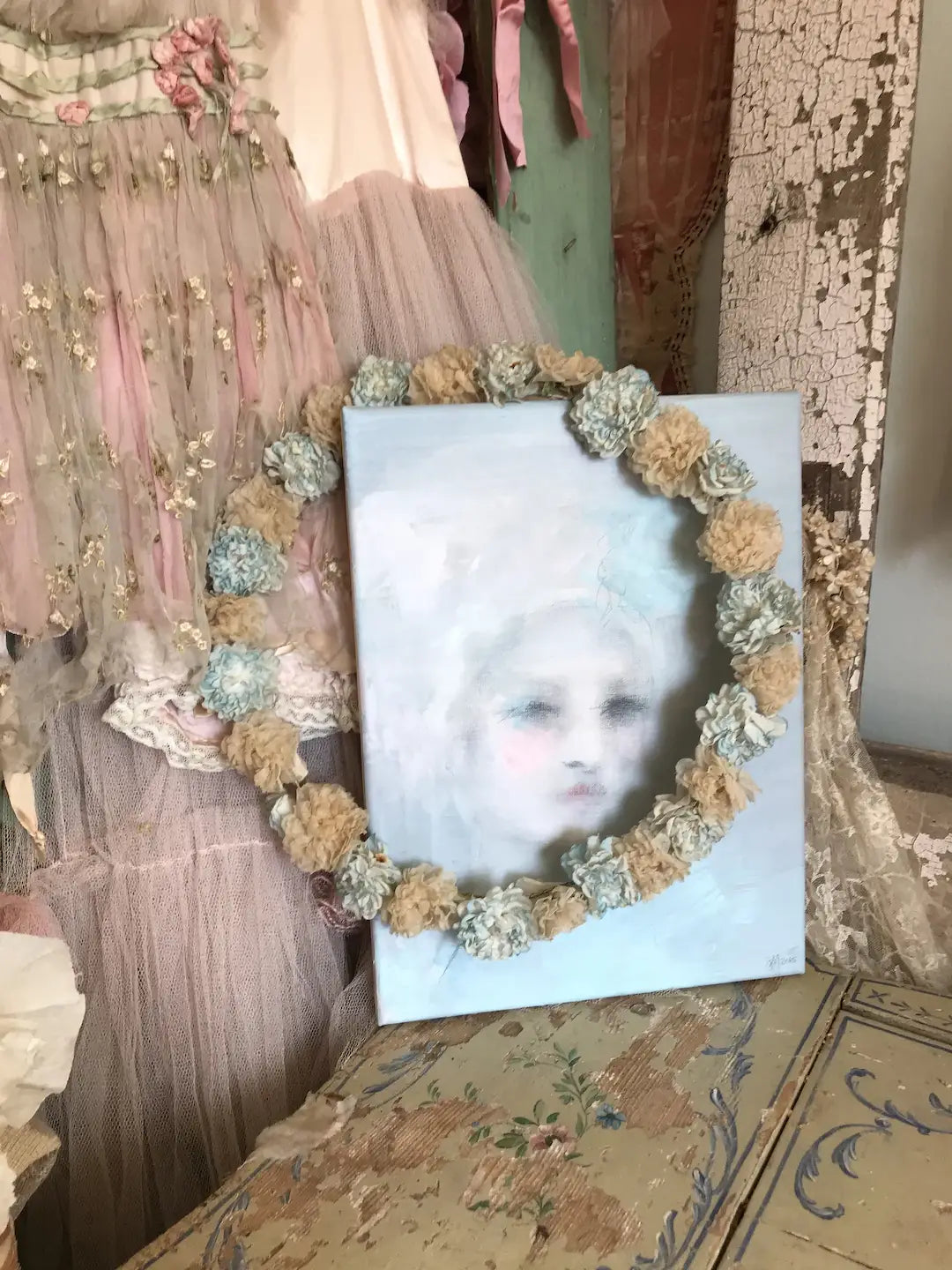 Antique French Millinery Flower Wreath Garland Blue Cream