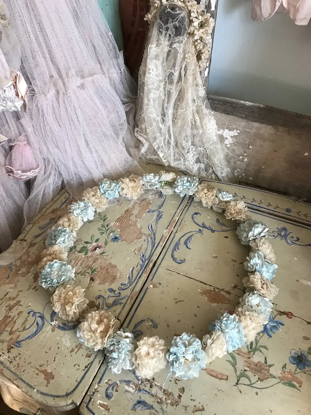 Antique French Millinery Flower Wreath Garland Blue Cream