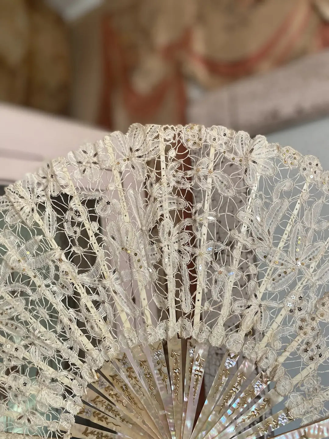 Antique French Mother Of Pearl Fan Bobbin Lace