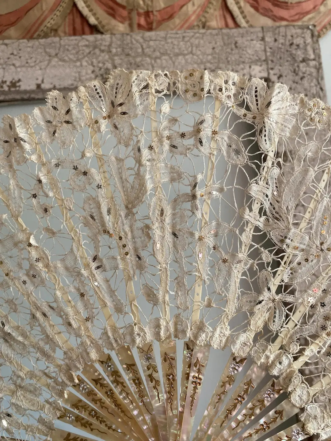 Antique French Mother Of Pearl Fan Bobbin Lace