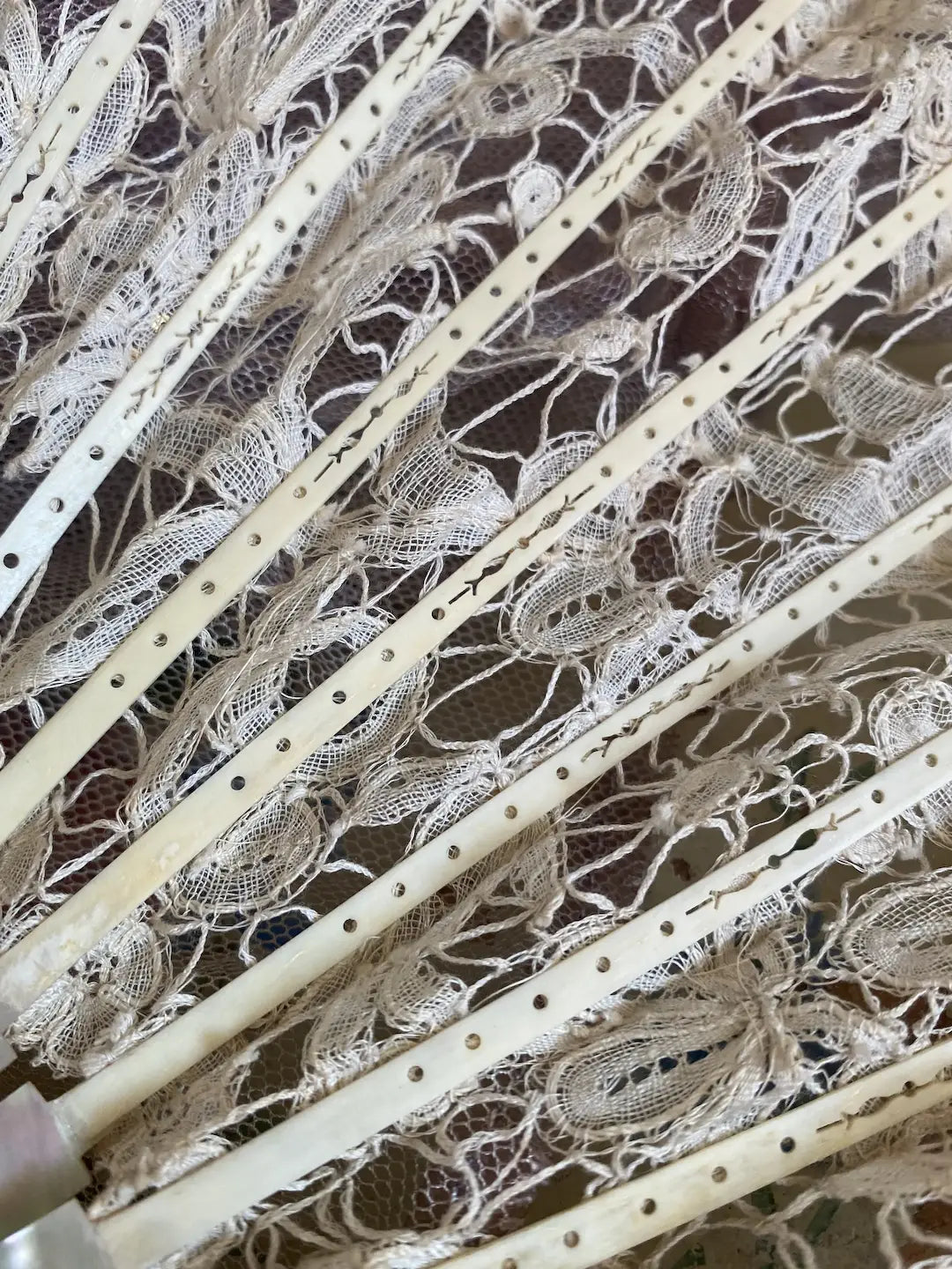 Antique French Mother Of Pearl Fan Bobbin Lace