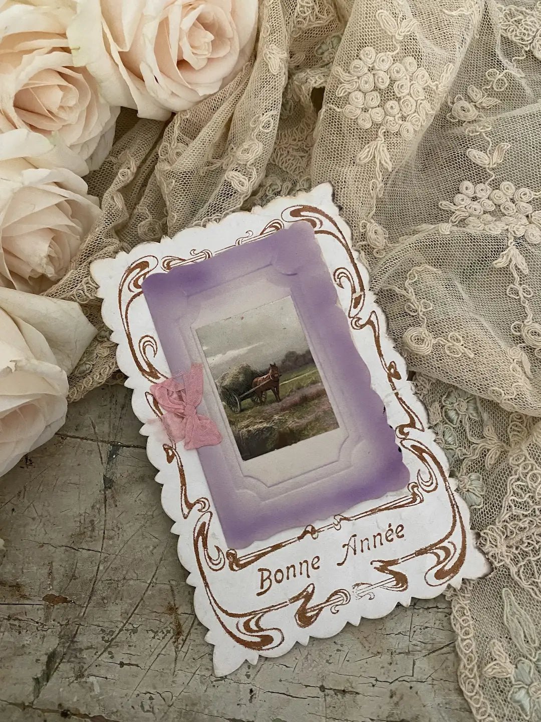 Antique French Postcard Lavender Pink Silk Ribbon Bow