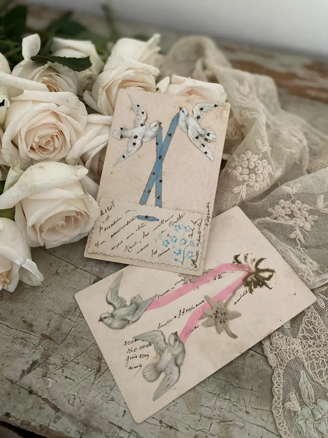 Antique French Postcards Silk Ribbon