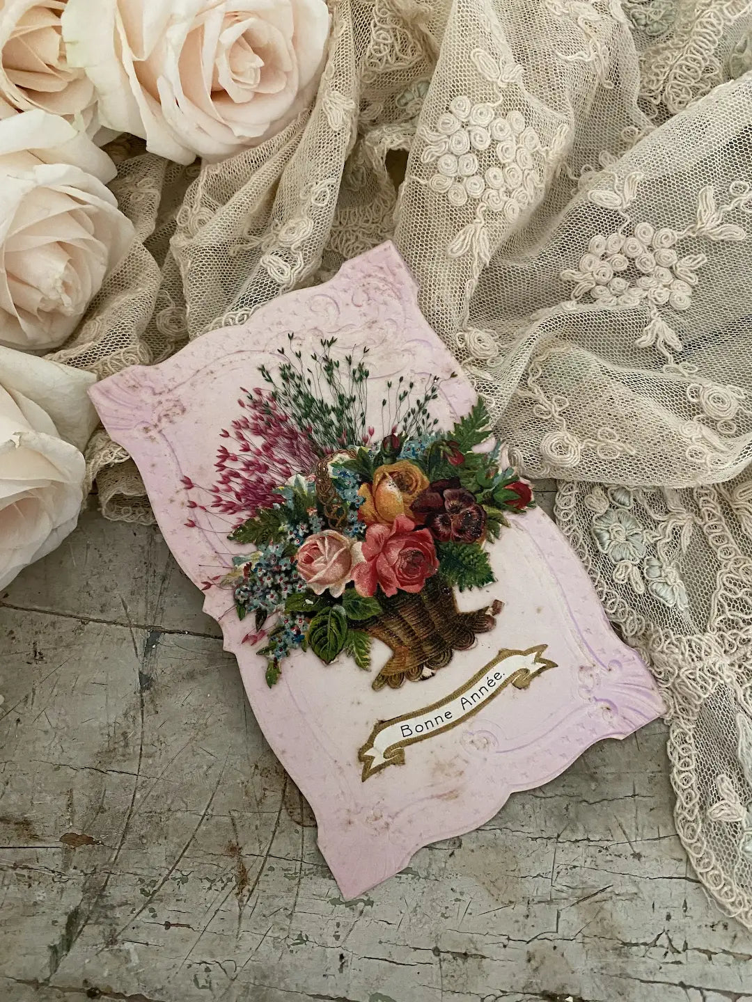 Antique French Postcard Pink Bouquet Real Dried Flowers