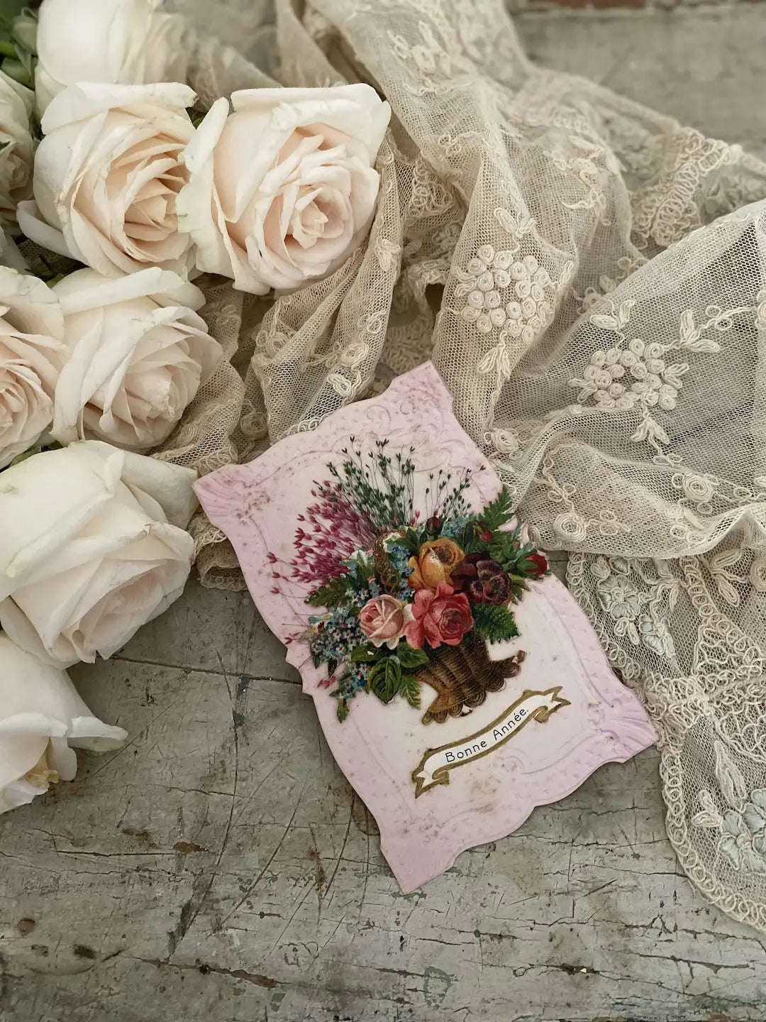 Antique French Postcard Pink Bouquet Real Dried Flowers