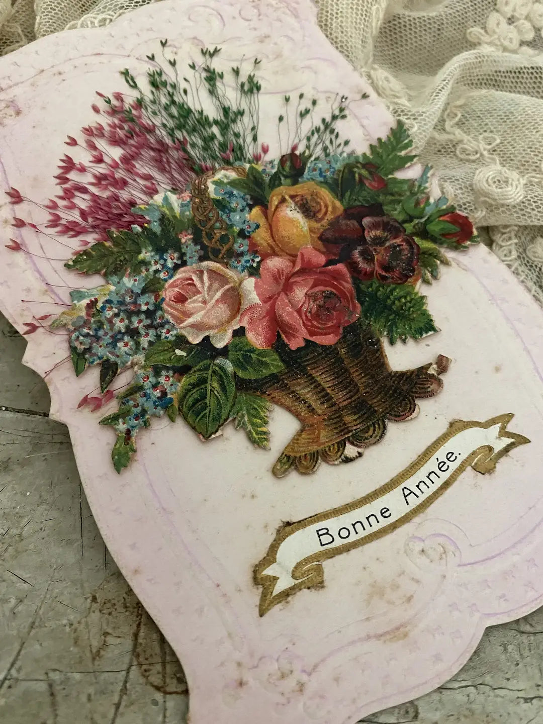 Antique French Postcard Pink Bouquet Real Dried Flowers