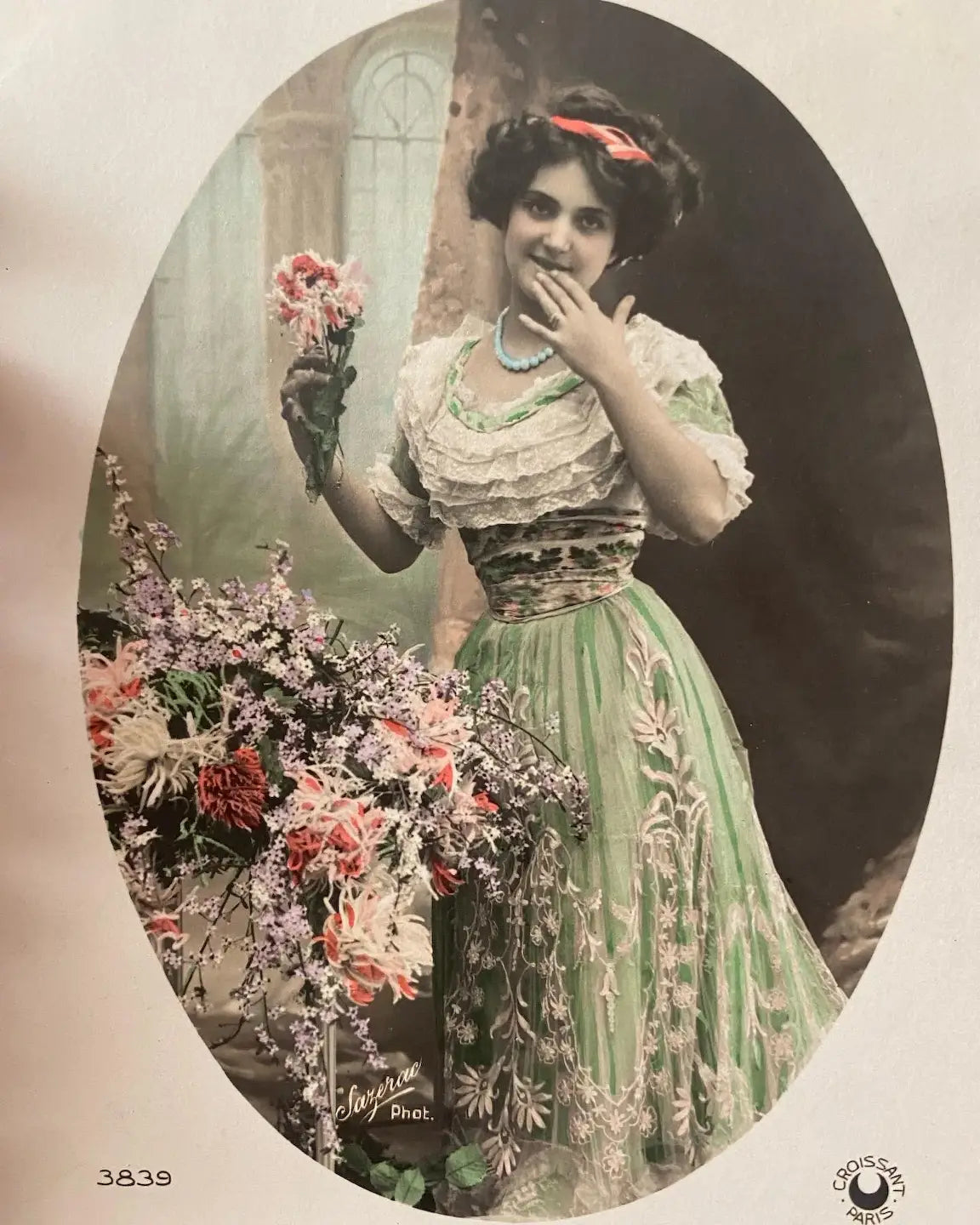 Antique French Postcard Woman Green Lace Dress