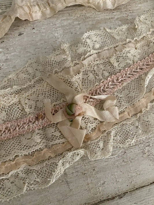 Antique Lace Bandeau Pink Silk Ribbonwork Rosette