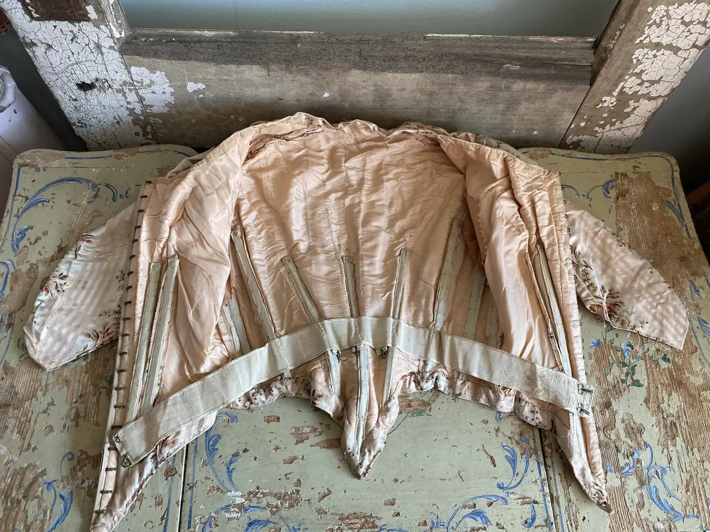 Antique Silk French Bodice Pink Stripe Floral Watered Roses