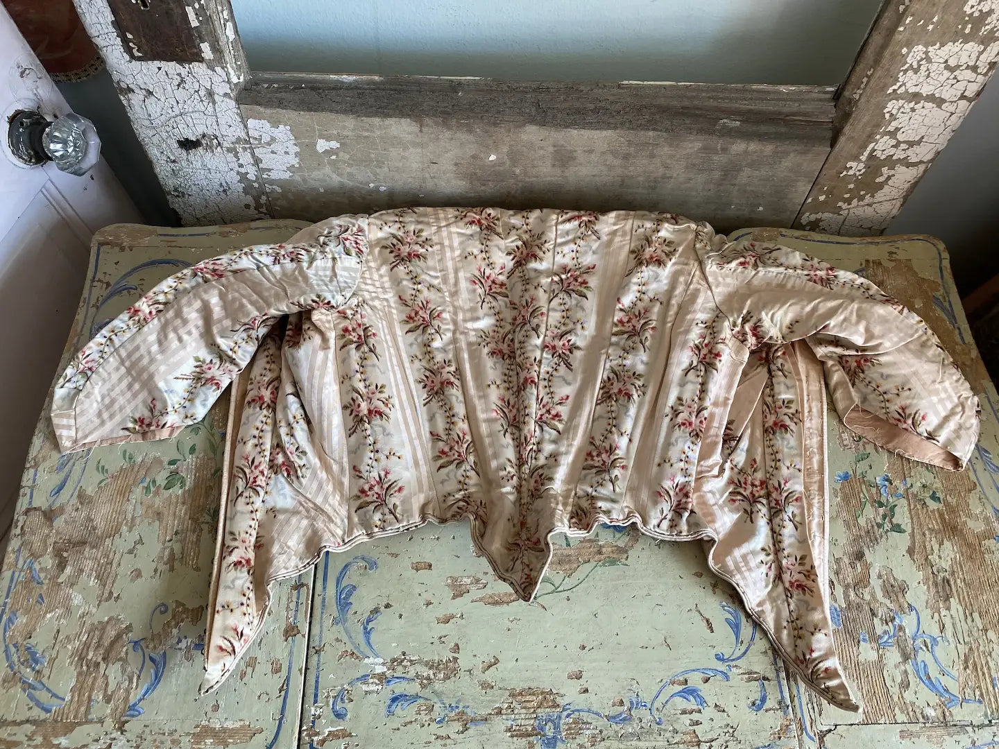 Antique Silk French Bodice Pink Stripe Floral Watered Roses