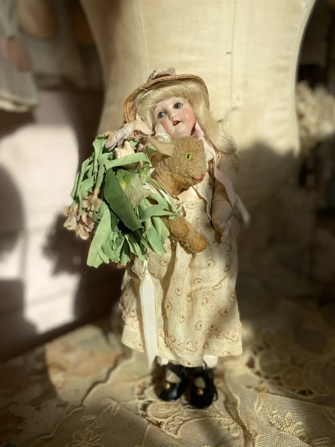 Antique Doll Dress Bonnet Steiff Lamb Millinery Flowers