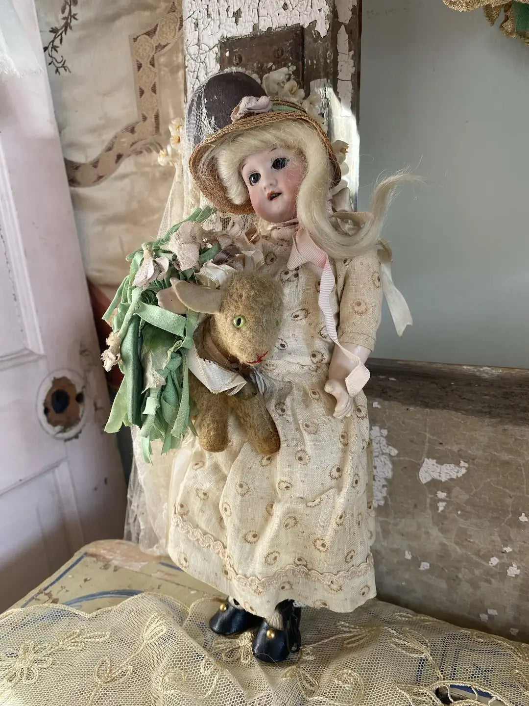 Antique Doll Dress Bonnet Steiff Lamb Millinery Flowers