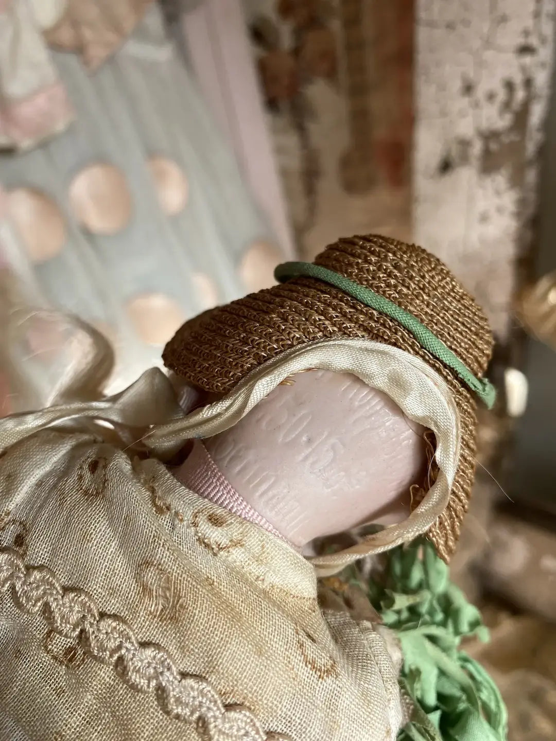 Antique Doll Dress Bonnet Steiff Lamb Millinery Flowers