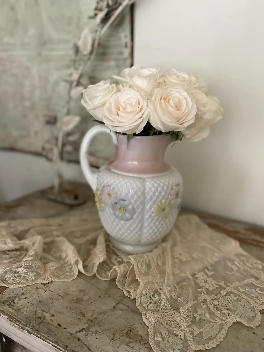 Antique Milkglass Vase Painted Pink Daisies