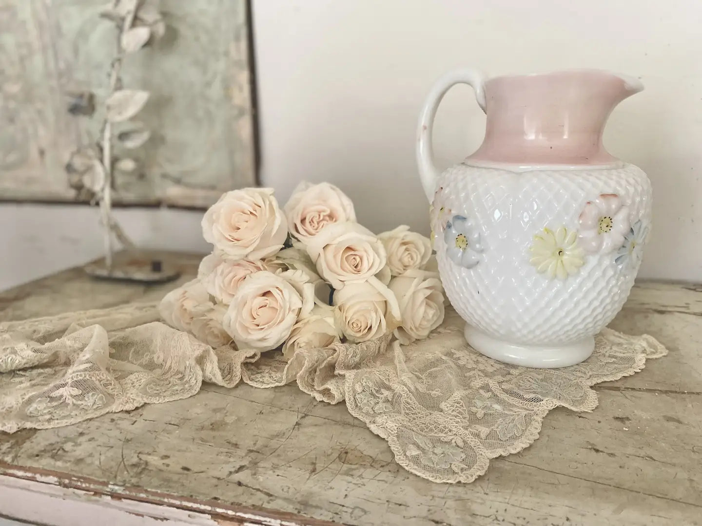 Antique Milkglass Vase Painted Pink Daisies