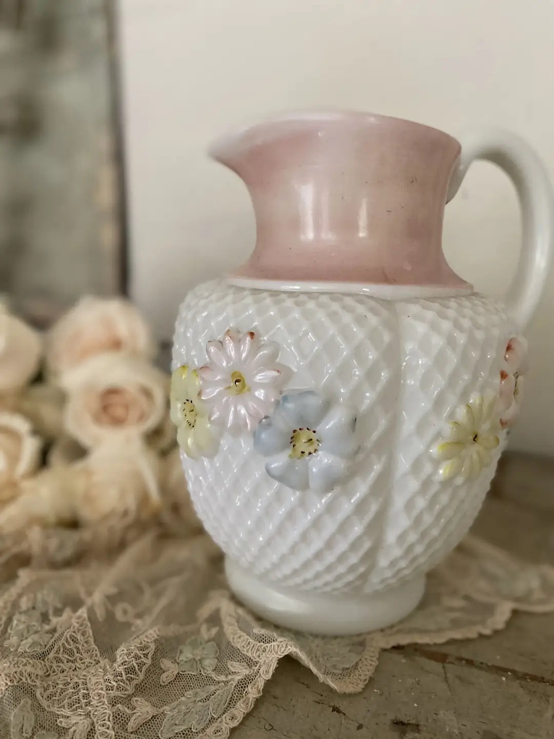 Antique Milkglass Vase Painted Pink Daisies