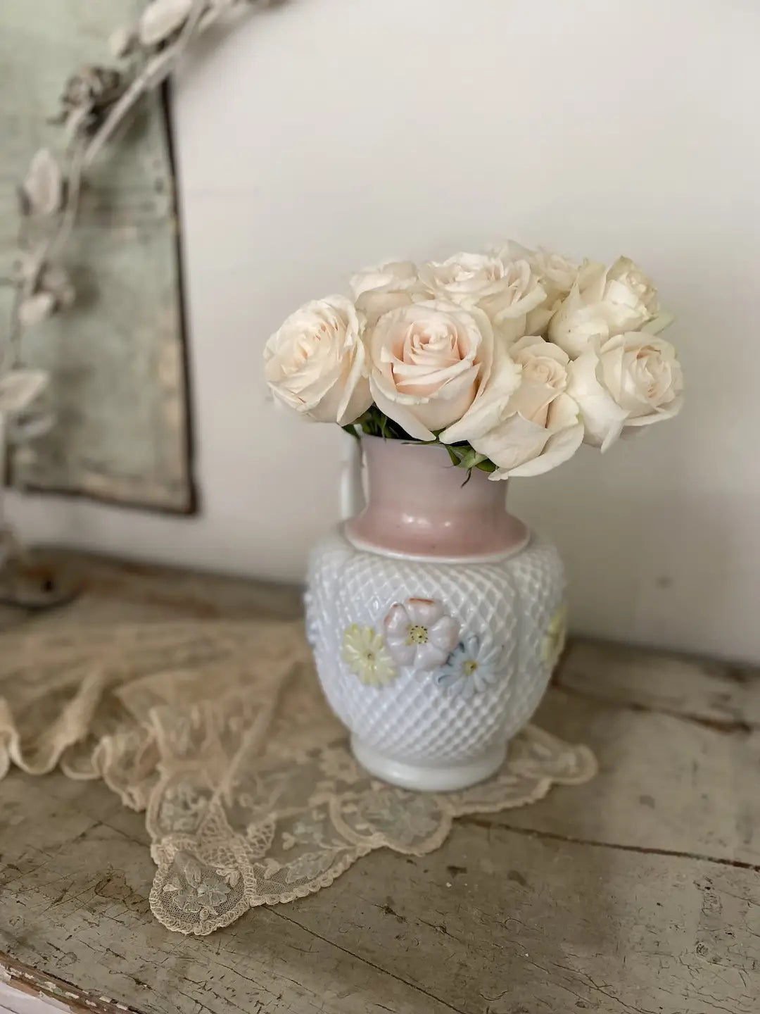 Antique Milkglass Vase Painted Pink Daisies