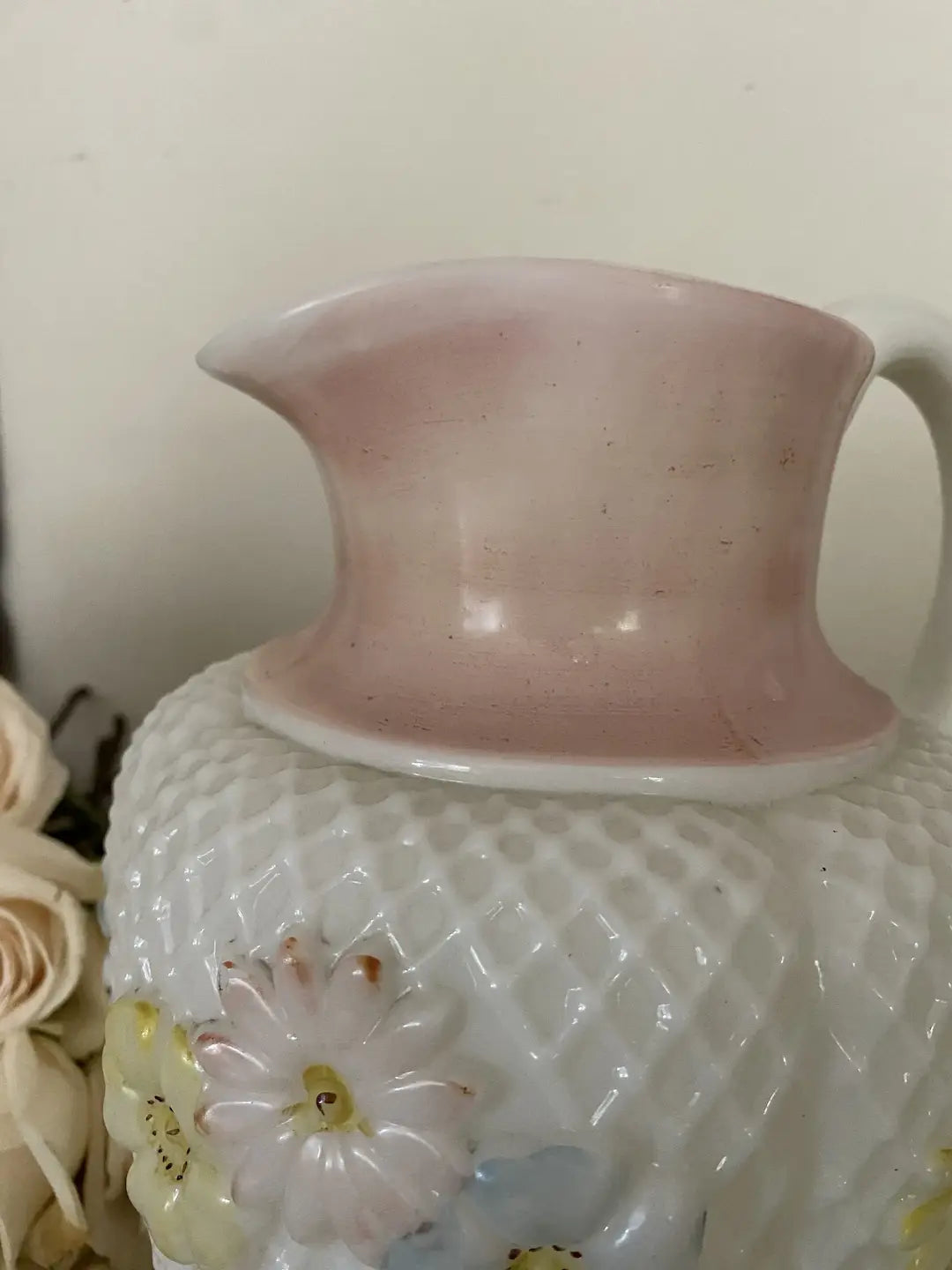 Antique Milkglass Vase Painted Pink Daisies