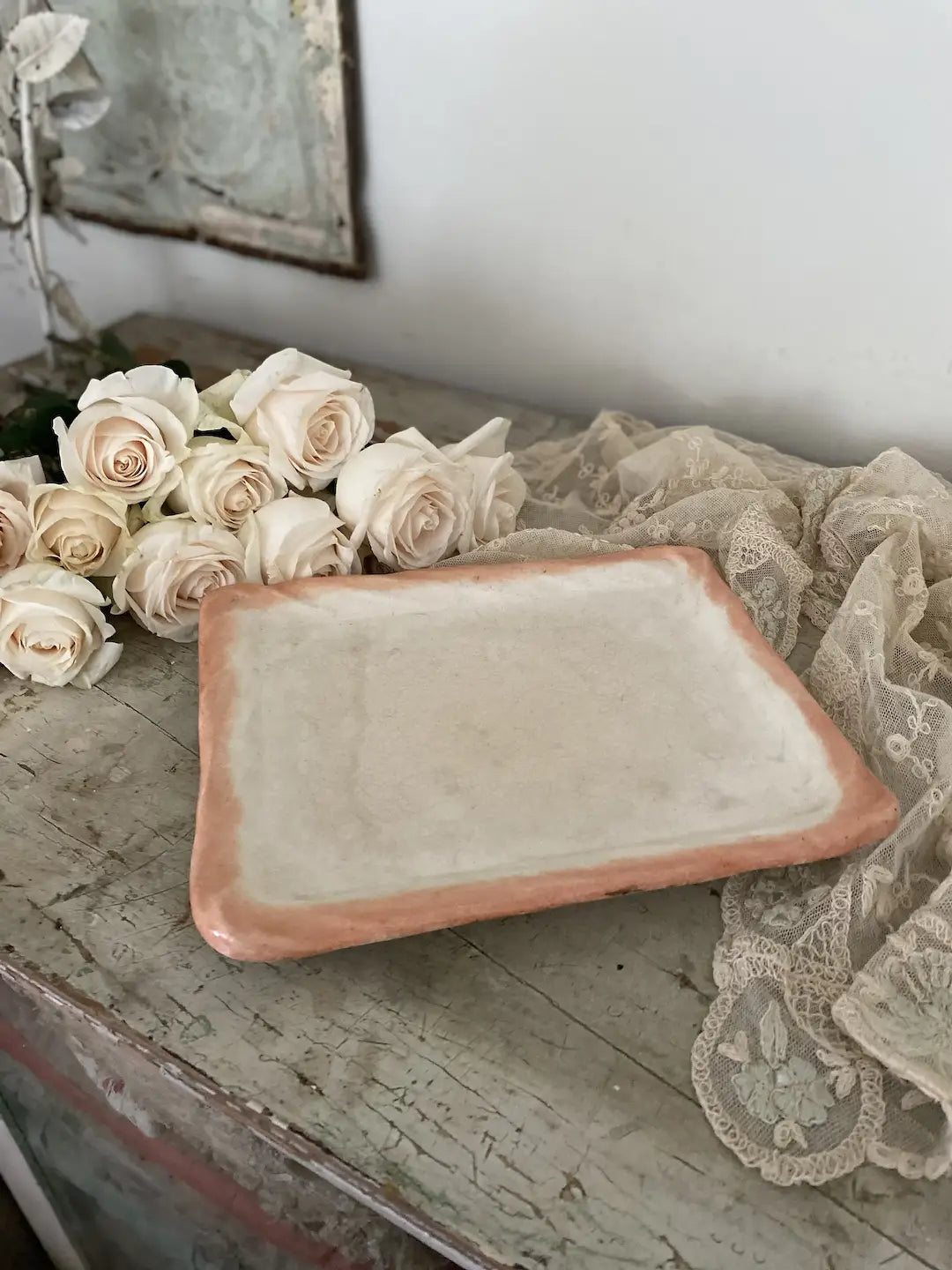 Antique Porcelain Square Plate Peach Ombre