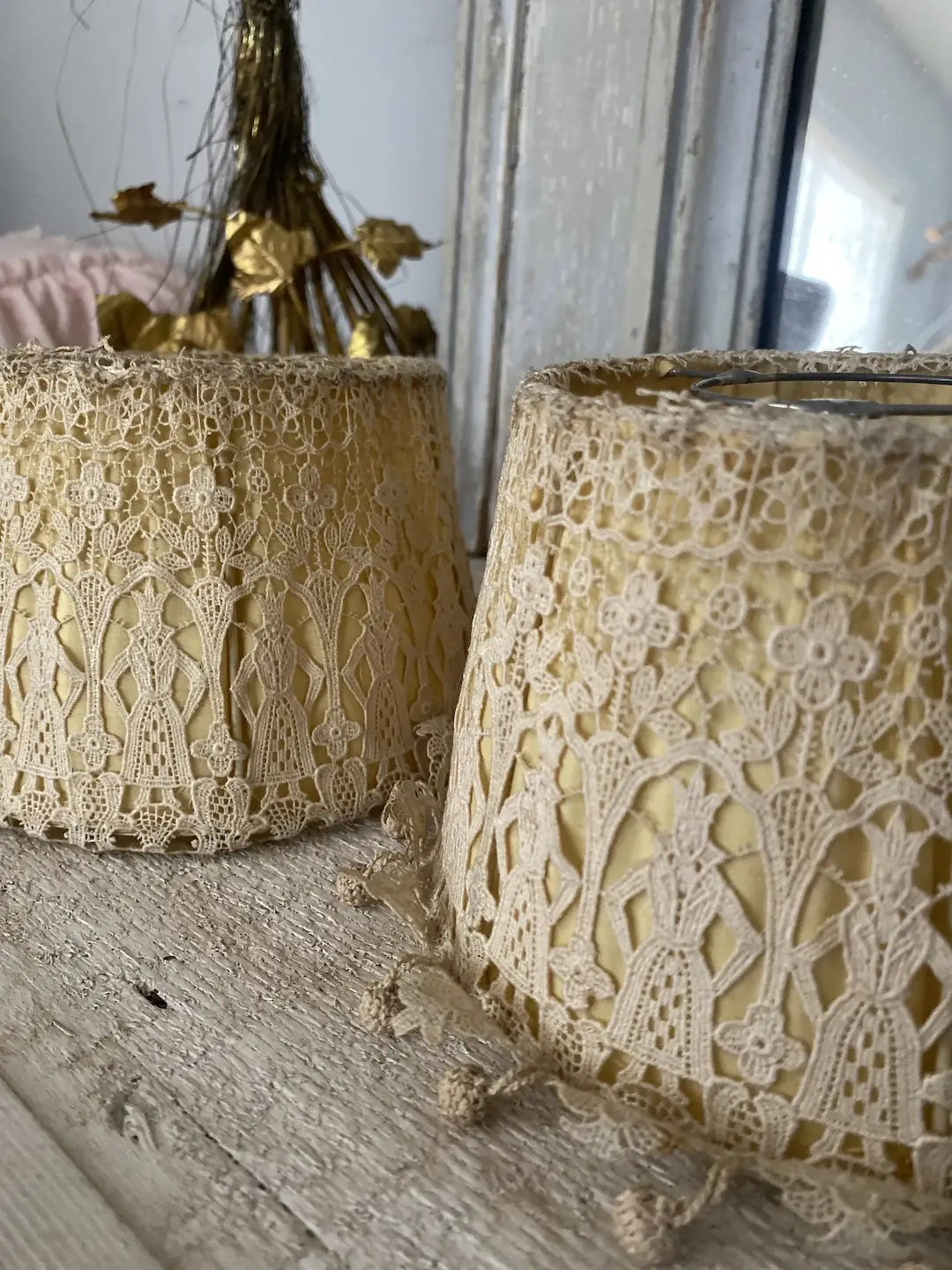 Antique Pair Figural Lace Boudoir Lamp Shade Covers